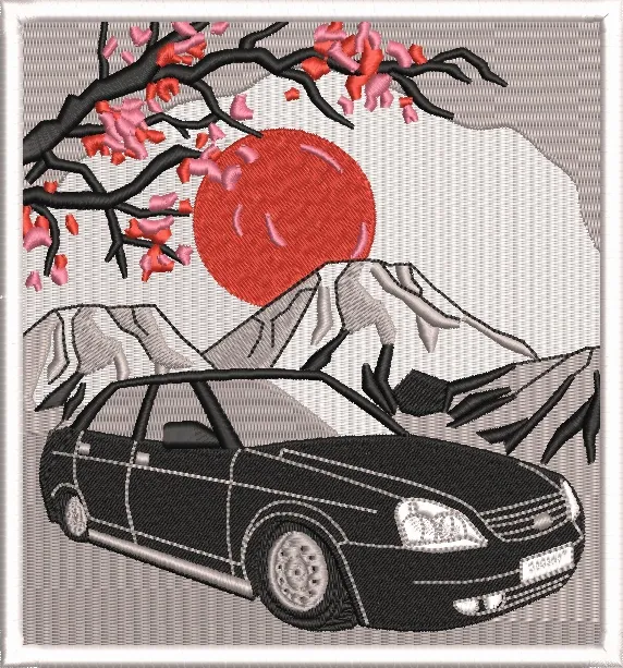 Alternative view of  Black Sedan with Mountain Sunrise and Cherry Blossoms 
