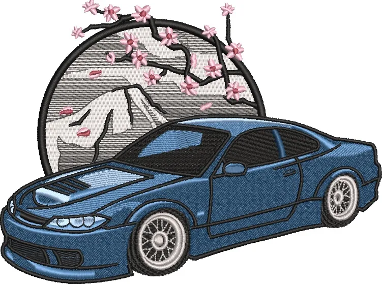 Alternative view of  Blue Sports Car with Cherry Blossoms and Mount Fuji 