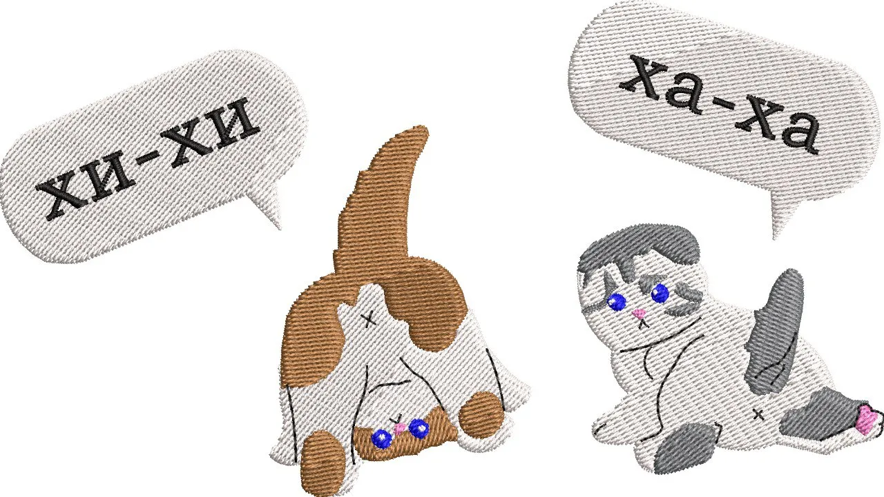 Alternative view of  Cartoon Cats with Russian Laughter Speech Bubbles 