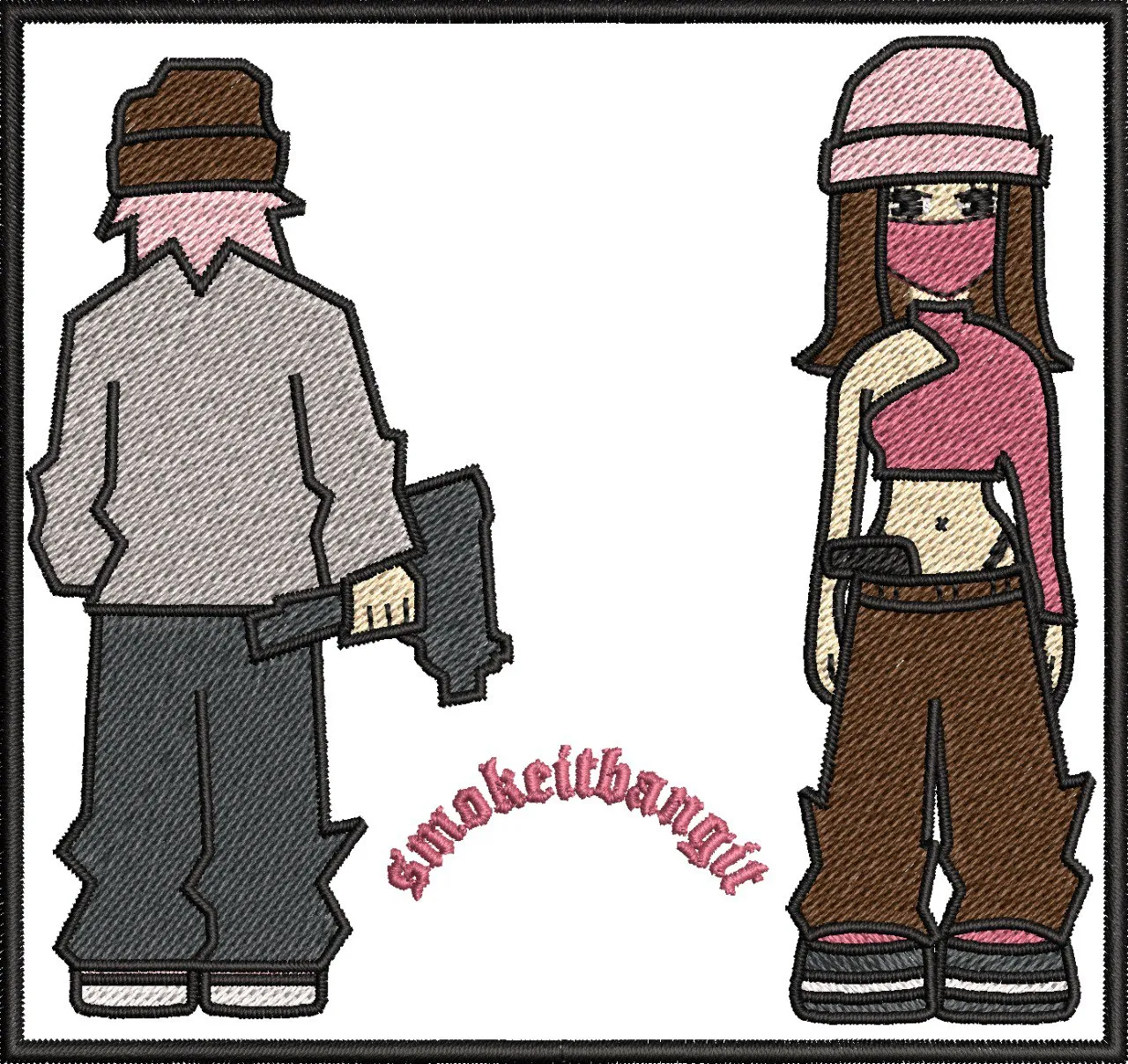Alternative view of  Cartoon Streetwear Duo with Guns and Pink Details 