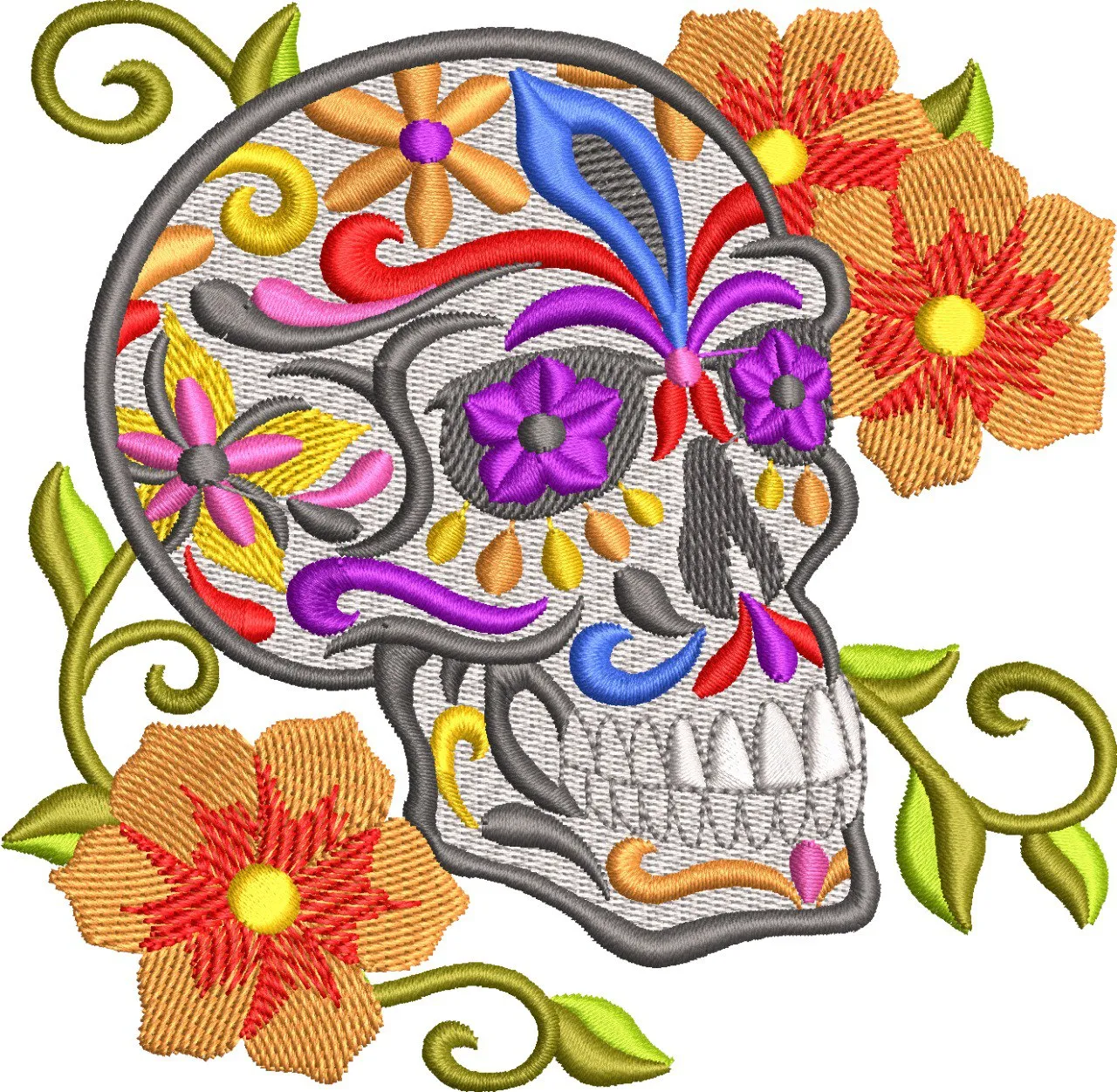 Alternative view of  Embroidered Sugar Skull with Colorful Flowers 