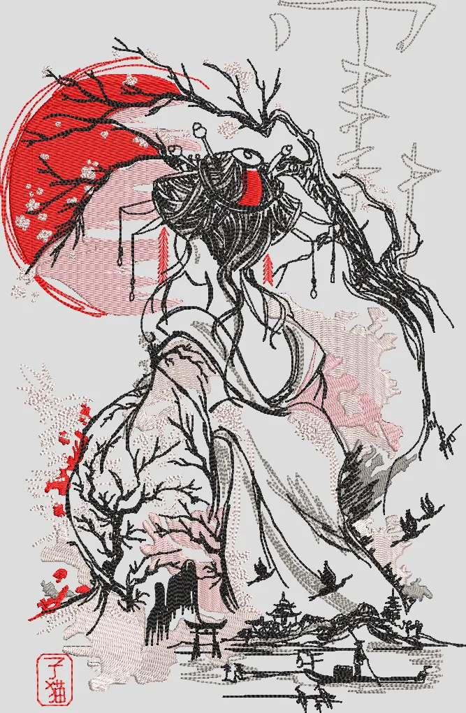 Alternative view of  Geisha with Red Sun and Sakura Branches 