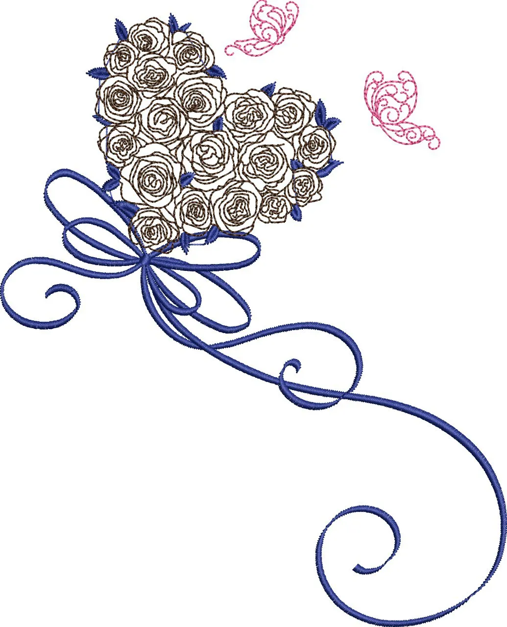 Alternative view of  Heart Shaped Rose Bouquet with Blue Ribbon and Pink Butterflies 