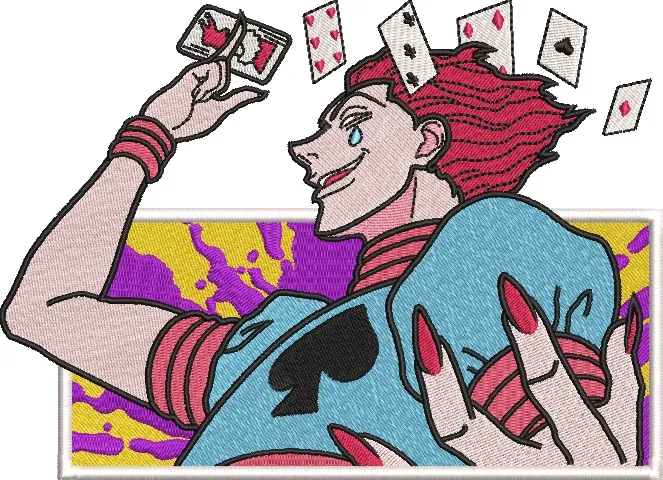 Alternative view of  Hisoka Throwing Playing Cards with Psychedelic Background 
