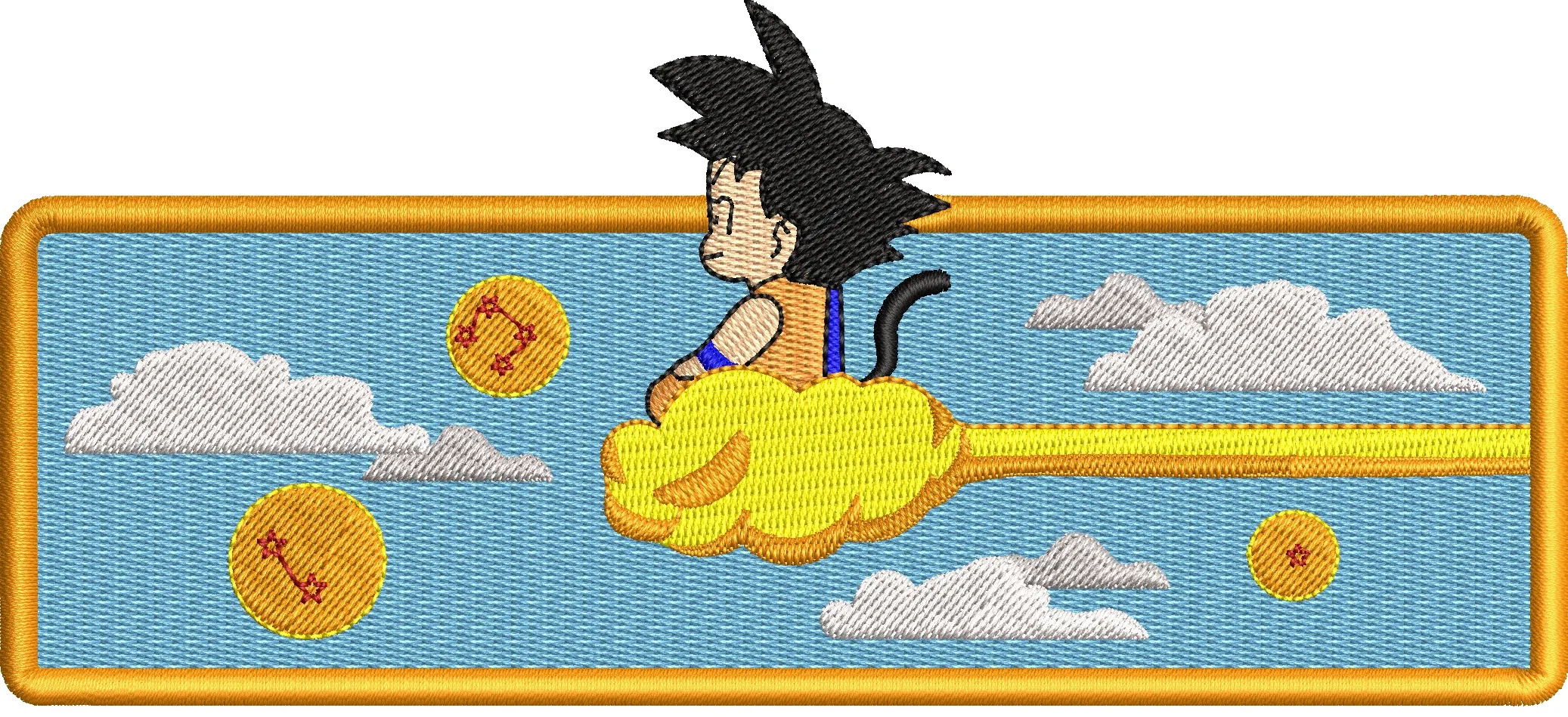 Alternative view of  Kid Goku Flying on Nimbus with Dragon Balls 