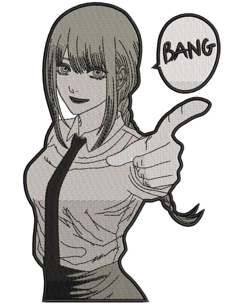 Alternative view of  Makima Gun Gesture with Bang Text 