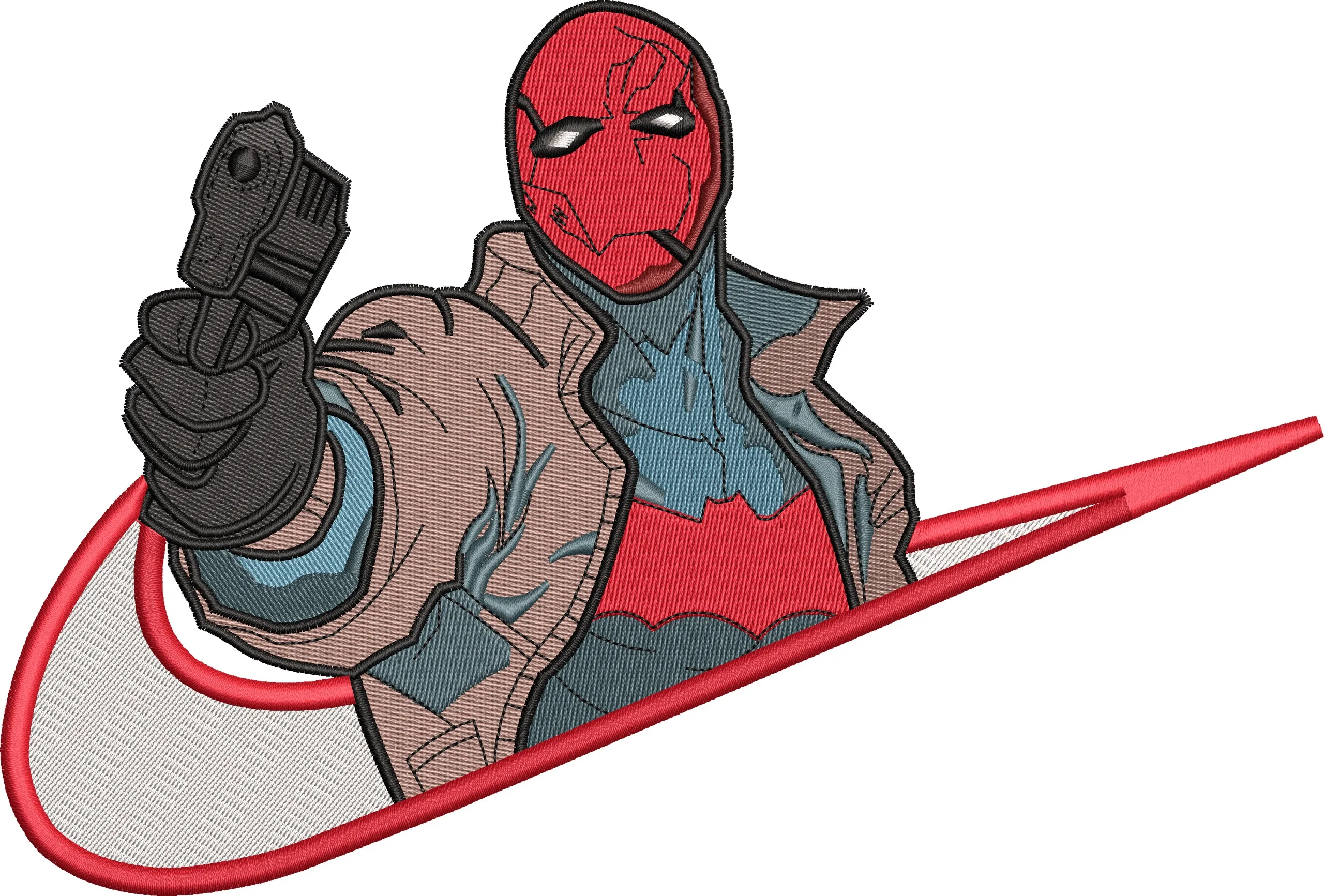 Alternative view of  Red Hood with Gun inside Nike Swoosh 