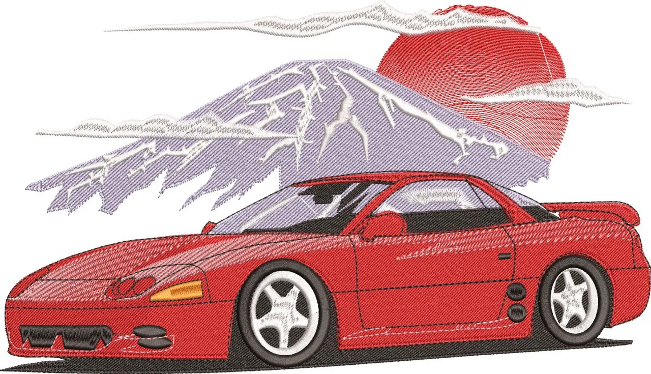 Alternative view of  Red Sports Car with Mount Fuji and Sunrise 