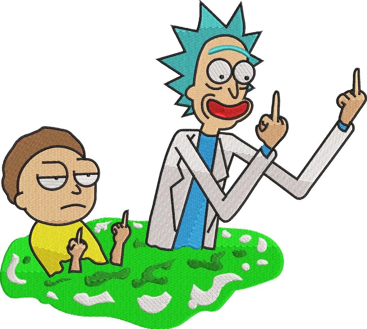 Alternative view of  Rick and Morty in Green Portal with Middle Fingers 