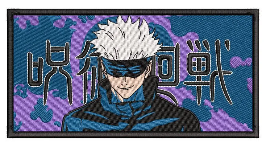 Alternative view of  Satoru Gojo with Japanese Text on Blue and Purple Patch 