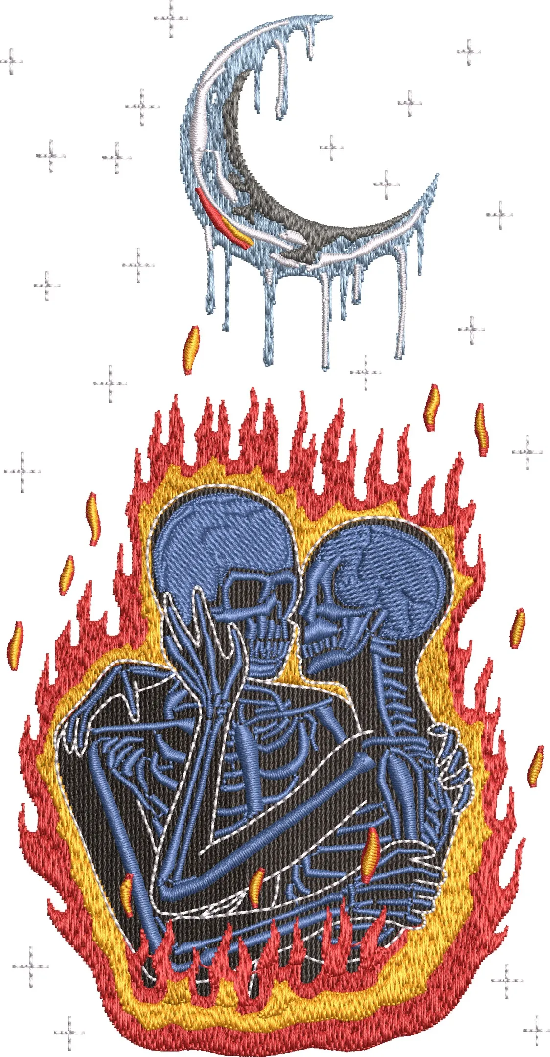 Alternative view of  Skeleton Couple Embracing in Flames Under Melting Crescent Moon 