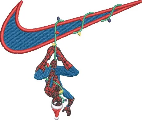 Alternative view of  Spiderman Hanging from Nike Swoosh with Christmas Lights 