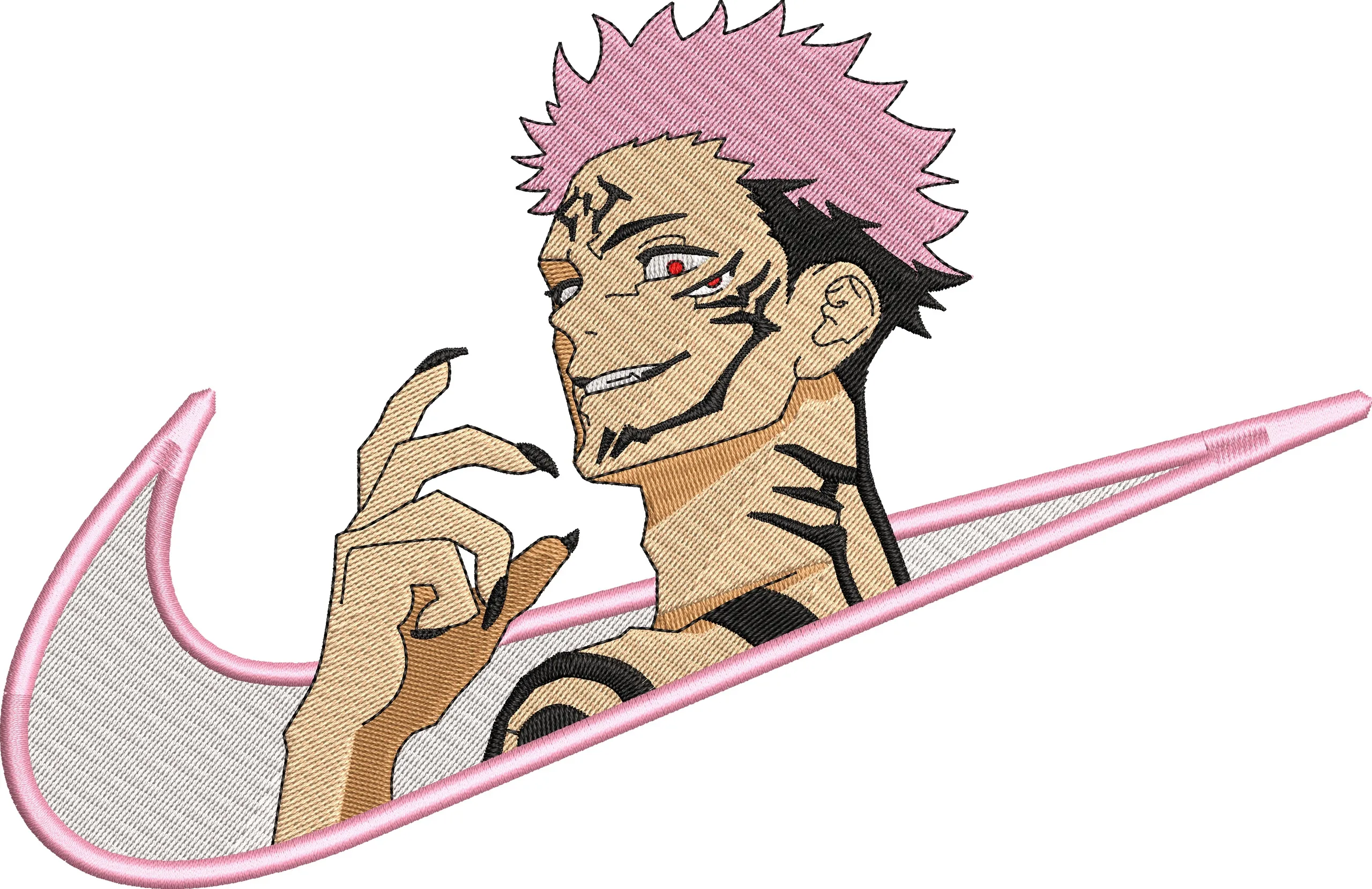 Alternative view of  Sukuna from Jujutsu Kaisen in Pink Nike Logo 