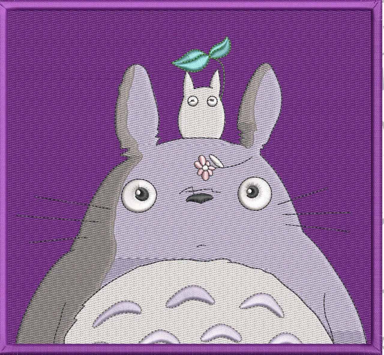 Alternative view of  Totoro with Chibi Totoro and Leaf on Purple Patch 
