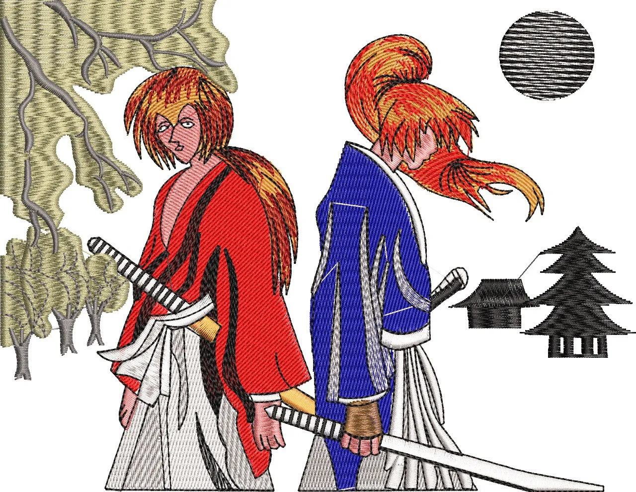 Alternative view of  Two Samurai Warriors Back to Back Embroidery 