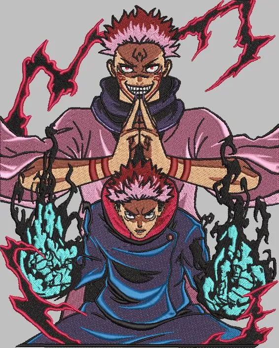 Alternative view of  Yuji Itadori and Sukuna with Cursed Energy 