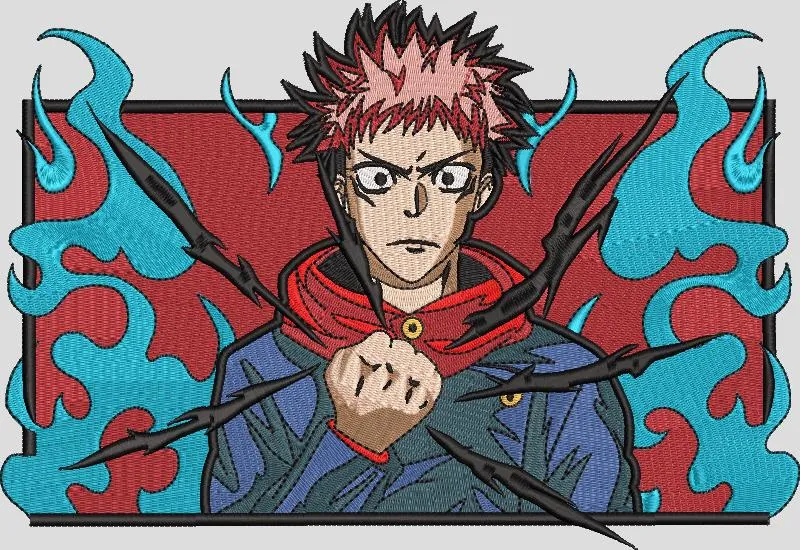 Alternative view of  Yuji Itadori with Blue Flames and Curse Marks 