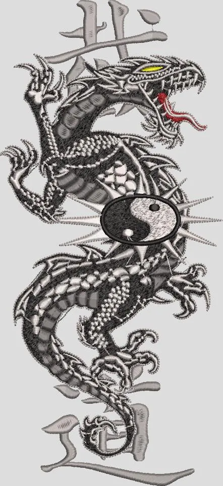  Black Dragon with Yin Yang Symbol and Kanji  embroidery pattern preview