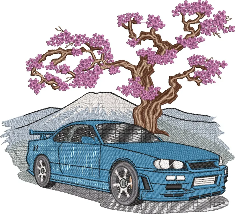  Blue Sports Car with Sakura Tree and Mount Fuji  embroidery pattern preview