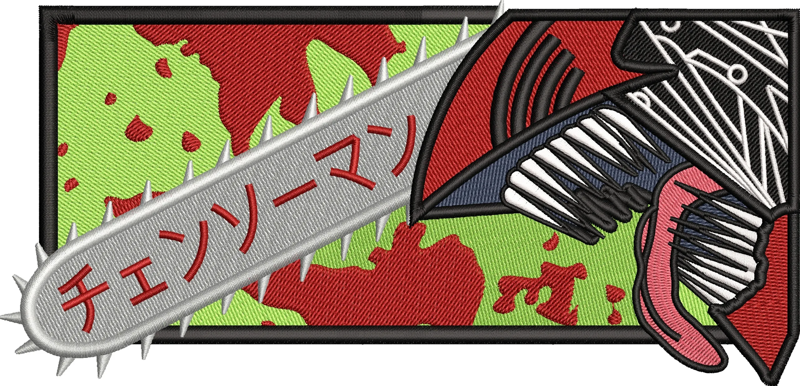  Chainsaw Man Logo with Helmet and Japanese Text  embroidery pattern preview
