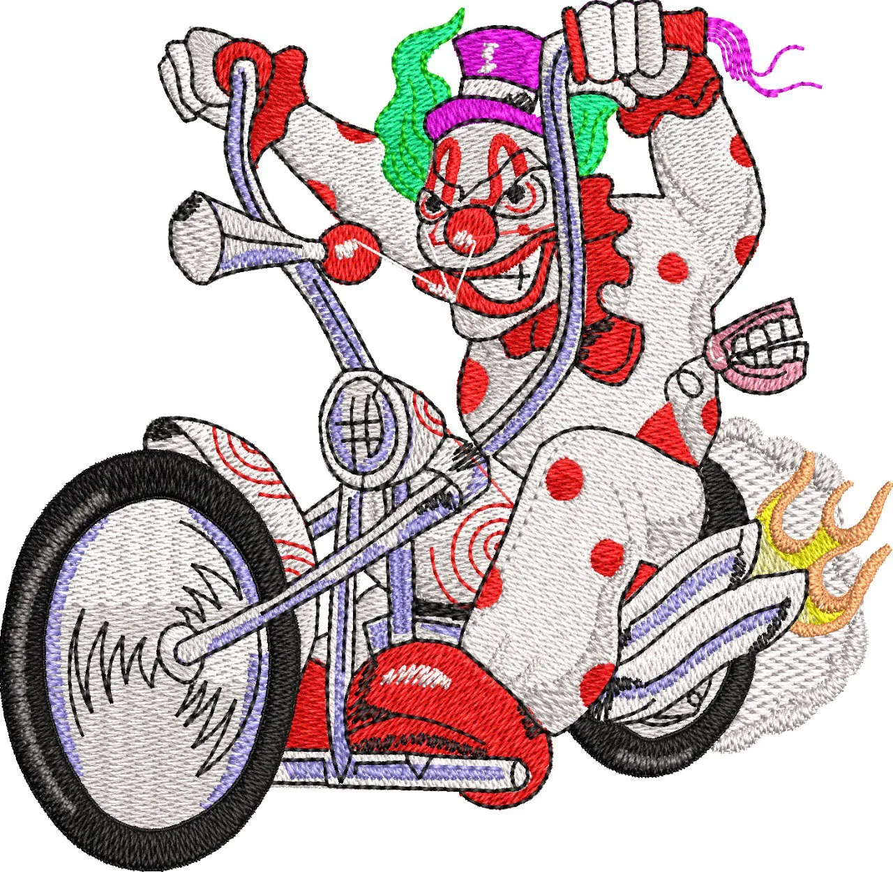  Crazy Clown Riding Chopper Motorcycle  embroidery pattern preview
