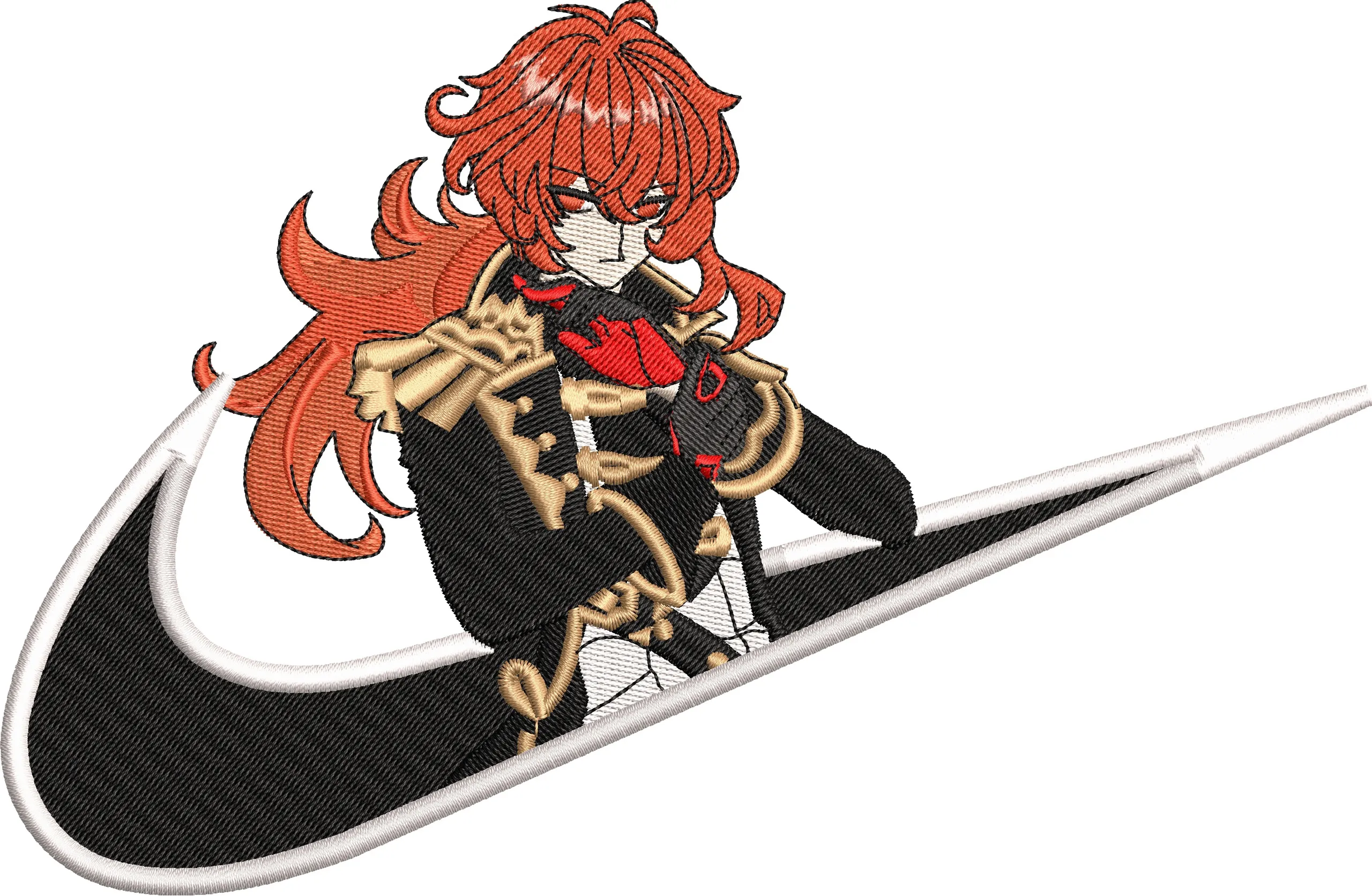  Diluc from Genshin Impact with Nike Swoosh  embroidery pattern preview