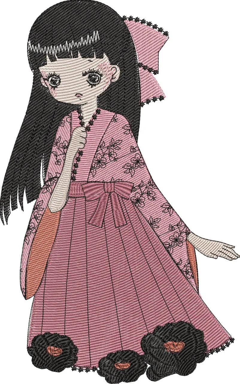  Embroidered Girl in Pink Kimono with Black Flowers  embroidery pattern preview