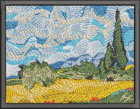  Embroidered Wheat Field with Cypress Trees  embroidery pattern preview