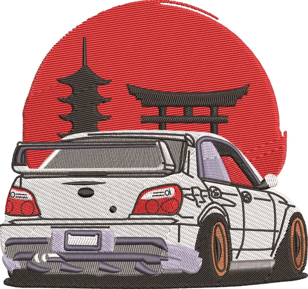  JDM Sports Car with Japanese Pagoda and Torii Gate  embroidery pattern preview