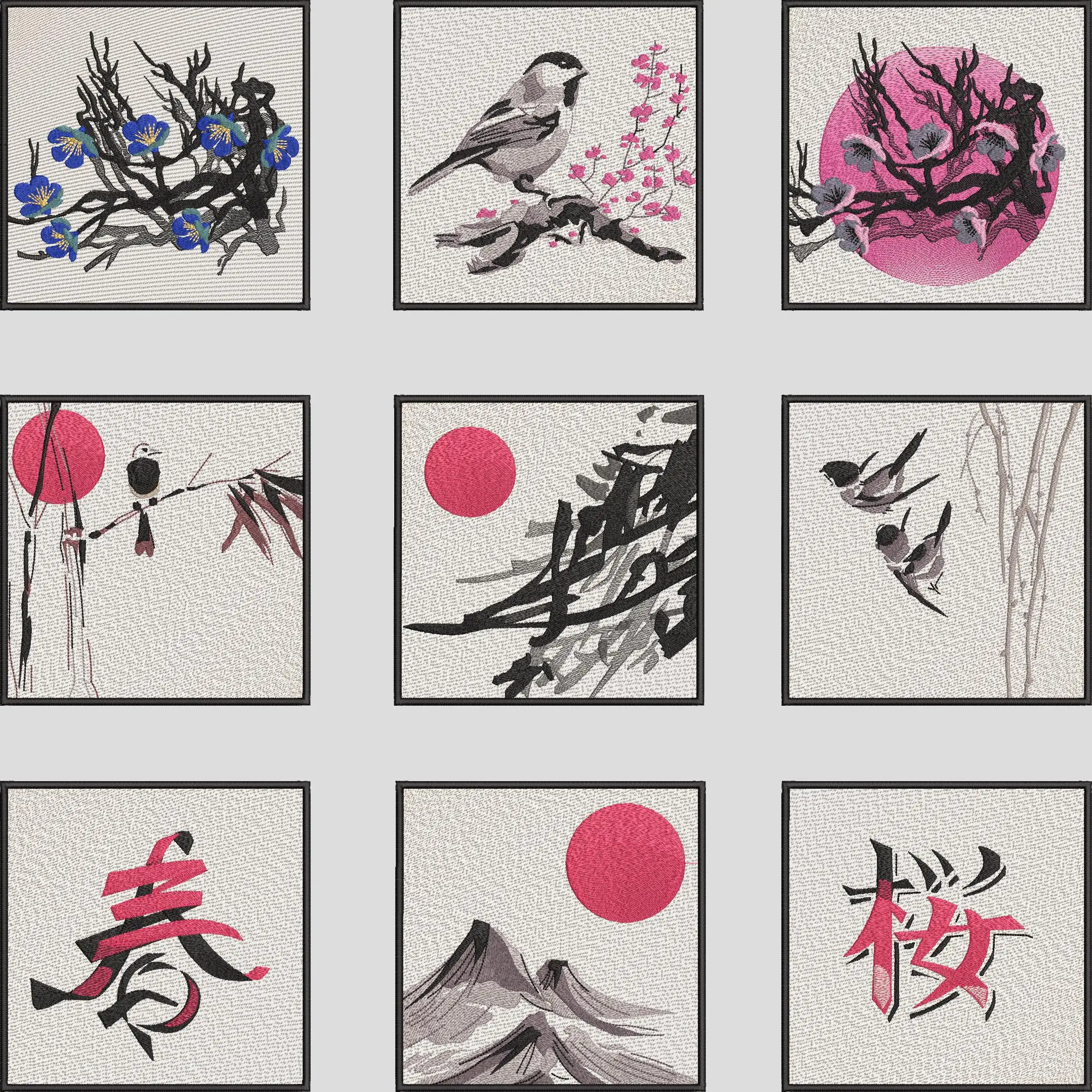  Japanese Ink Style Birds Cherry Blossoms and Mountains  embroidery pattern preview