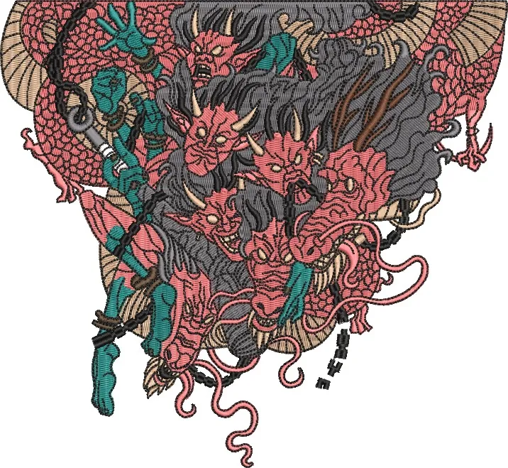  Multi Headed Japanese Dragon with Oni Warriors  embroidery pattern preview