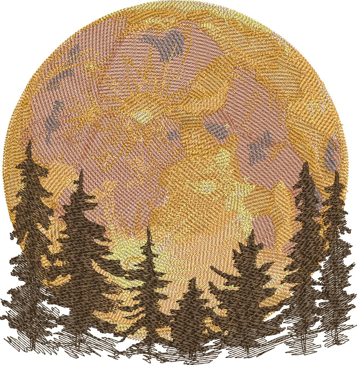  Pine Trees Silhouette with Full Moon Embroidery  embroidery pattern preview