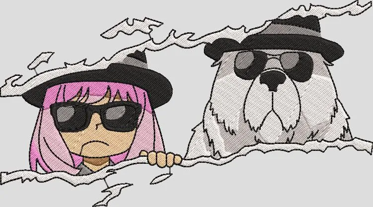  Pink Haired Girl and Dog in Spy Disguise  embroidery pattern preview