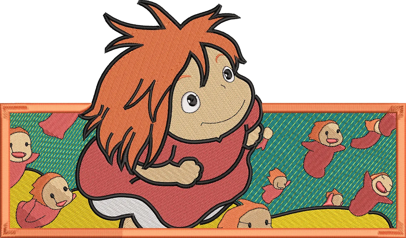  Ponyo Running with Sisters Patch  embroidery pattern preview