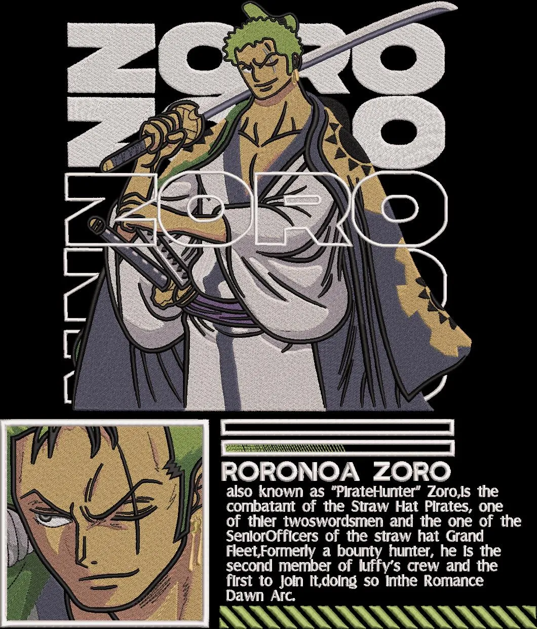  Roronoa Zoro Embroidered Portrait with Text Description  embroidery pattern preview