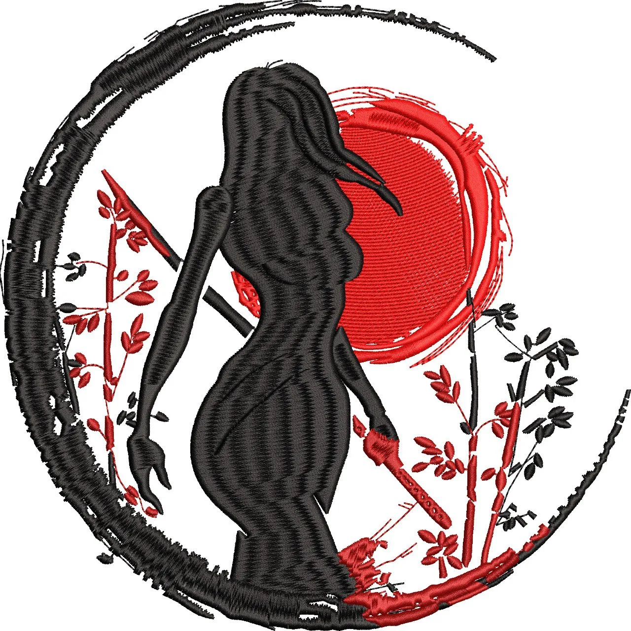  Samurai Woman Silhouette with Katana and Red Moon  embroidery pattern preview