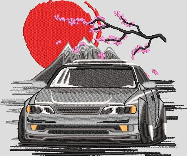  Sports Car with Japanese Sunset and Sakura  embroidery pattern preview