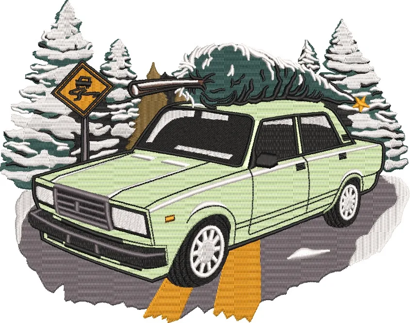  Vintage Car with Christmas Tree on Snowy Road  embroidery pattern preview