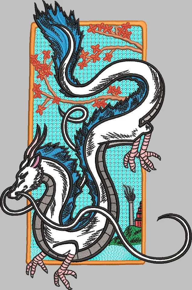  White Asian Dragon with Cherry Blossoms  embroidery pattern preview