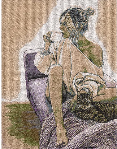 Woman Relaxing with Coffee and Cat  embroidery pattern preview