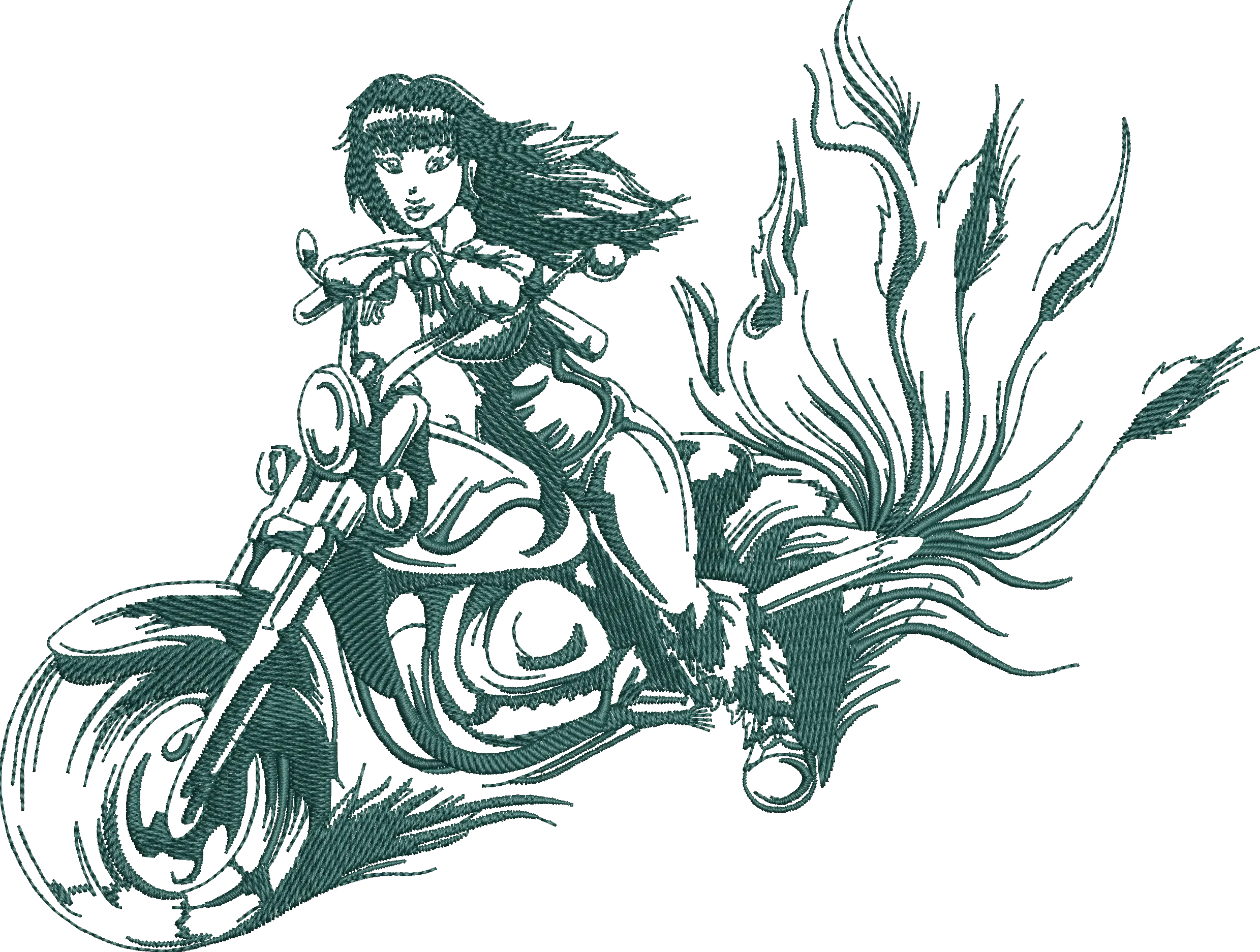  Woman Riding Motorcycle with Flame Trail  embroidery pattern preview