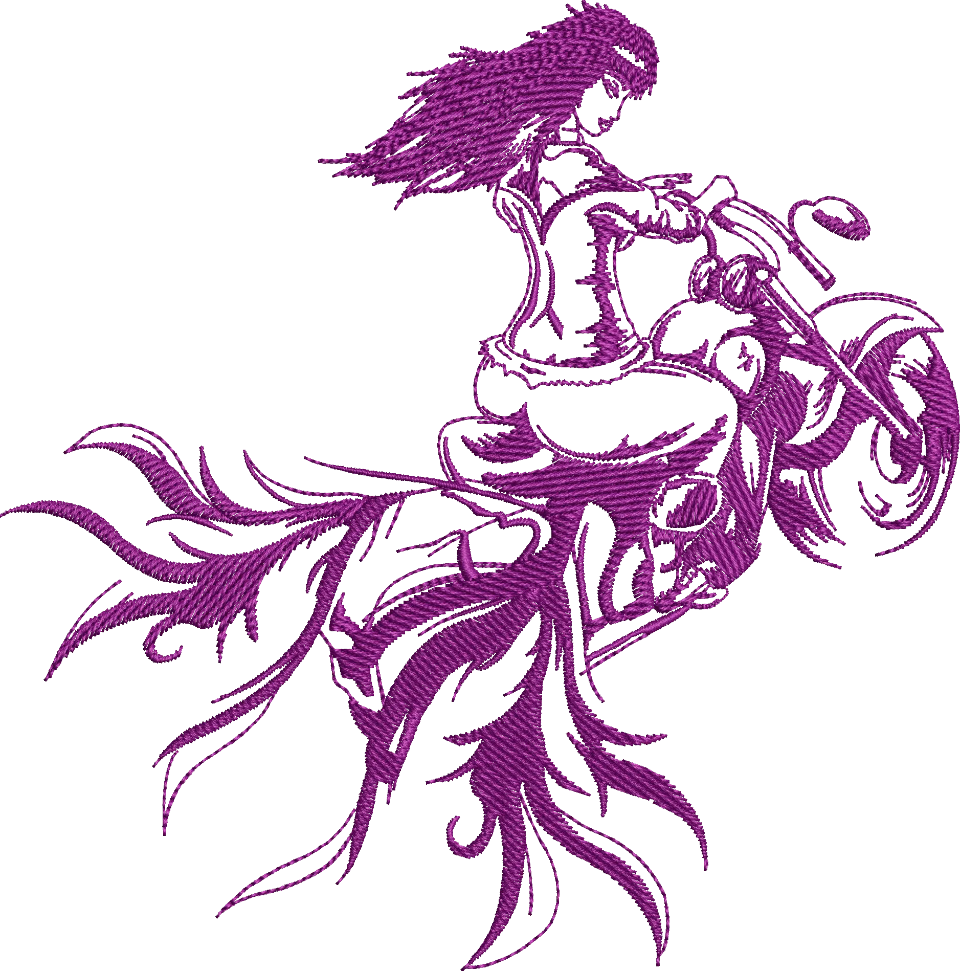  Woman Riding Motorcycle with Flowing Hair and Flames  embroidery pattern preview