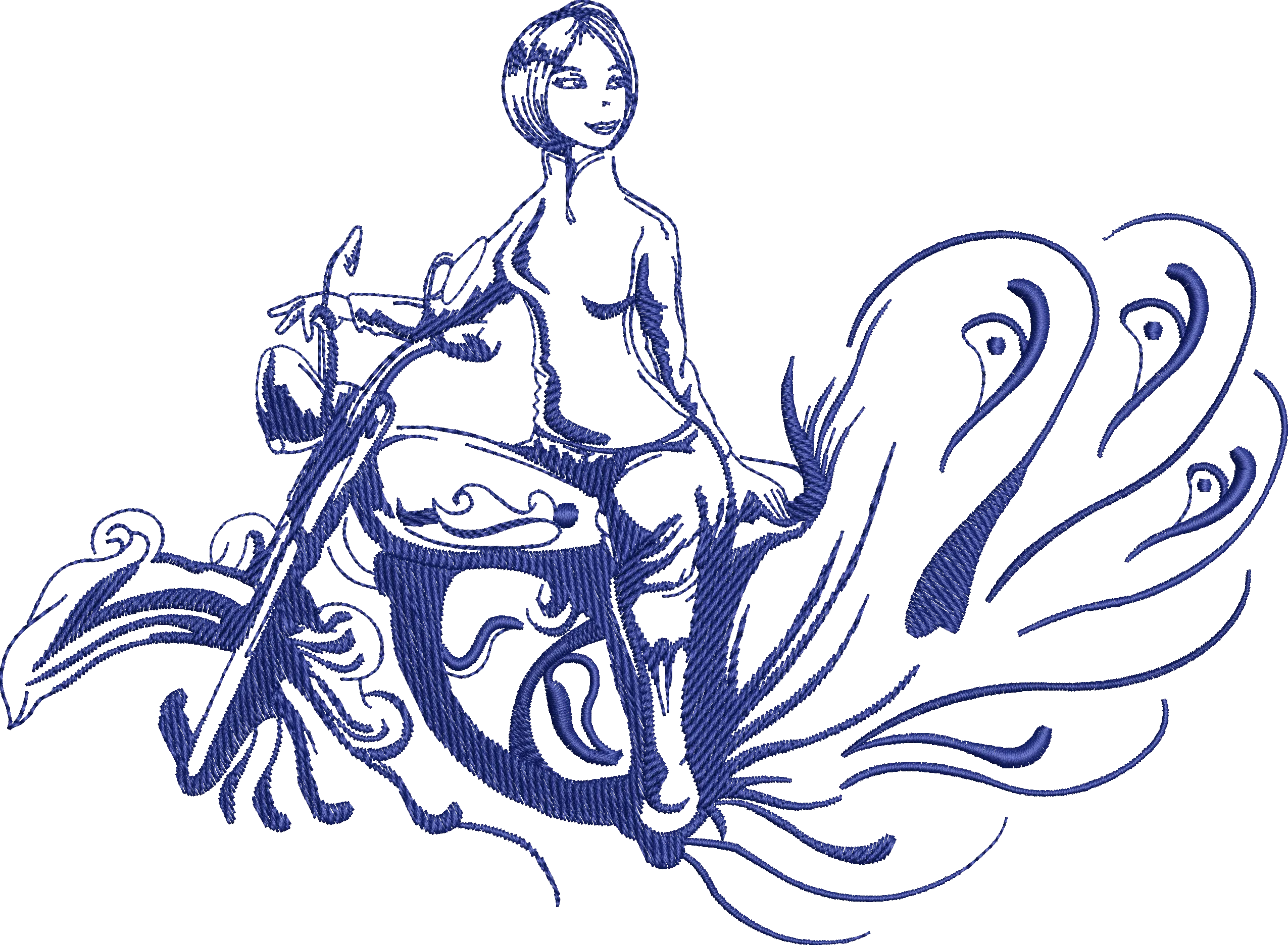  Woman Sitting on Stylized Peacock  embroidery pattern preview