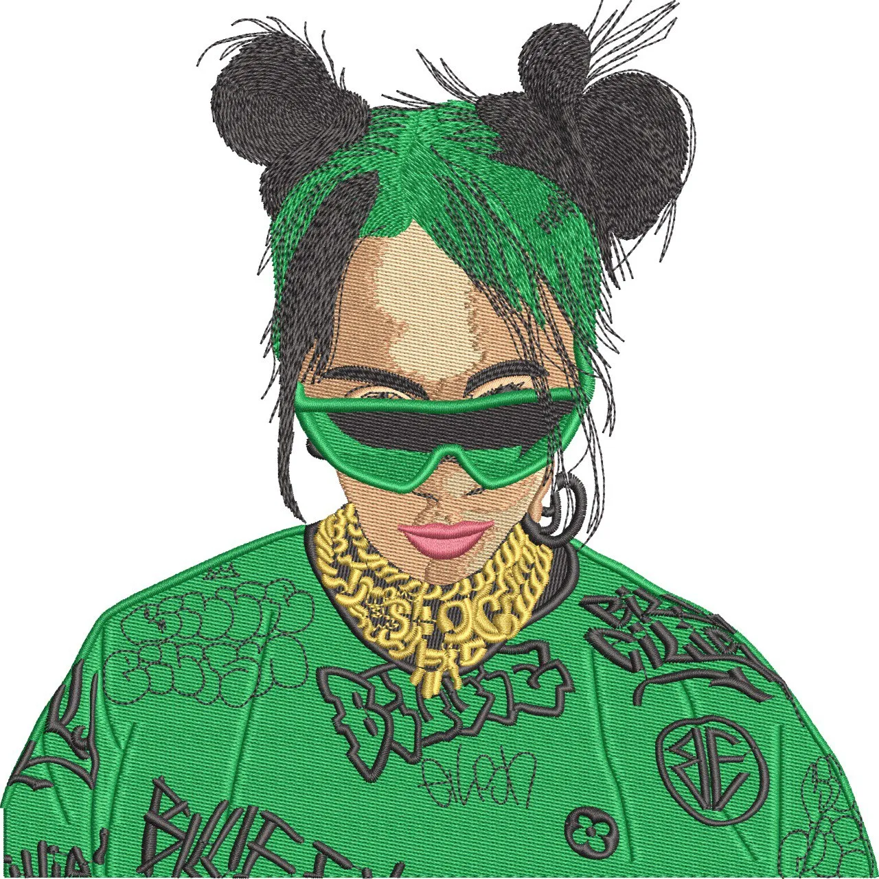  Woman with Green Hair and Futuristic Glasses Embroidery  embroidery pattern preview
