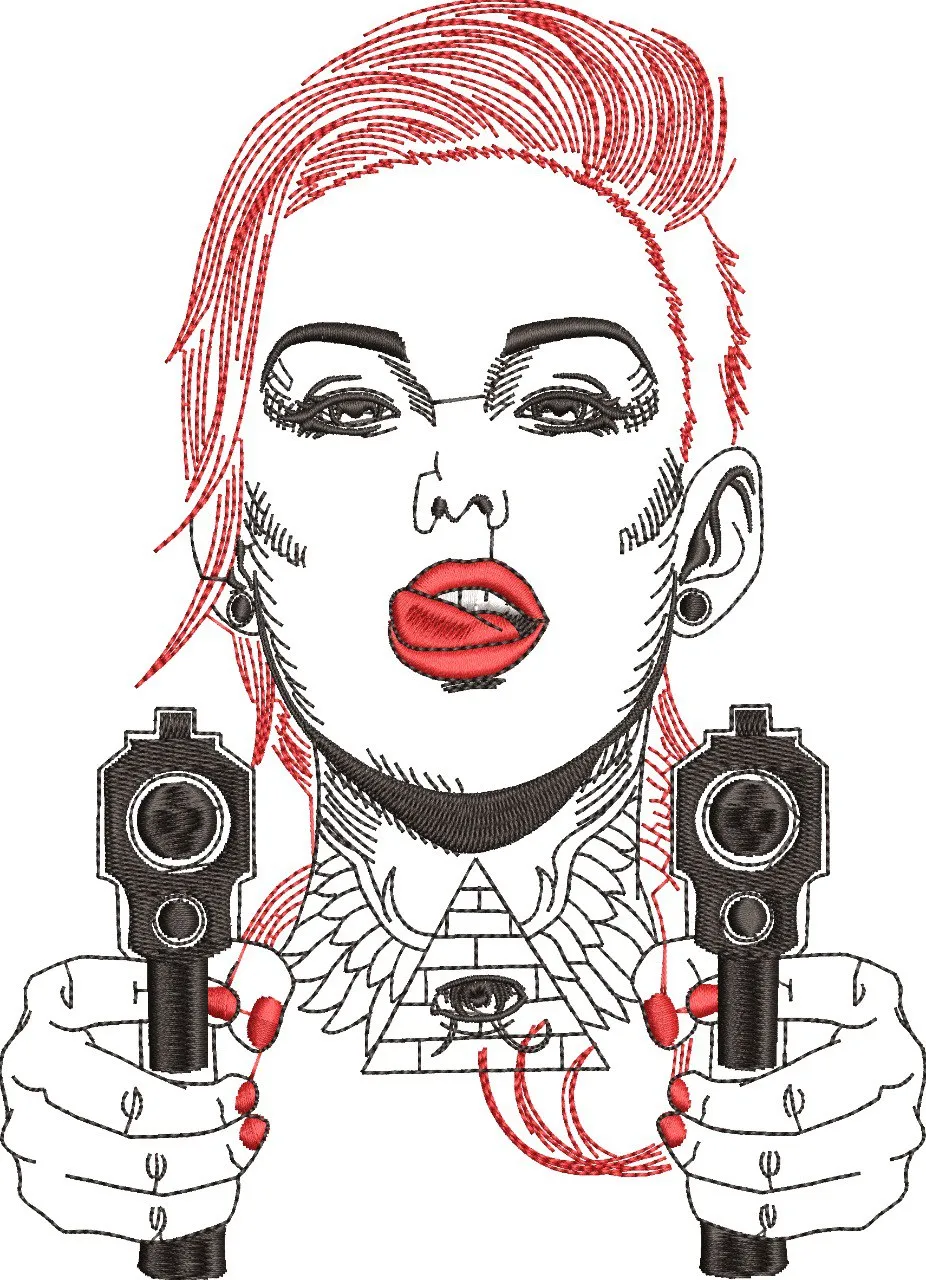  Woman with Pistols and Illuminati Symbol  embroidery pattern preview