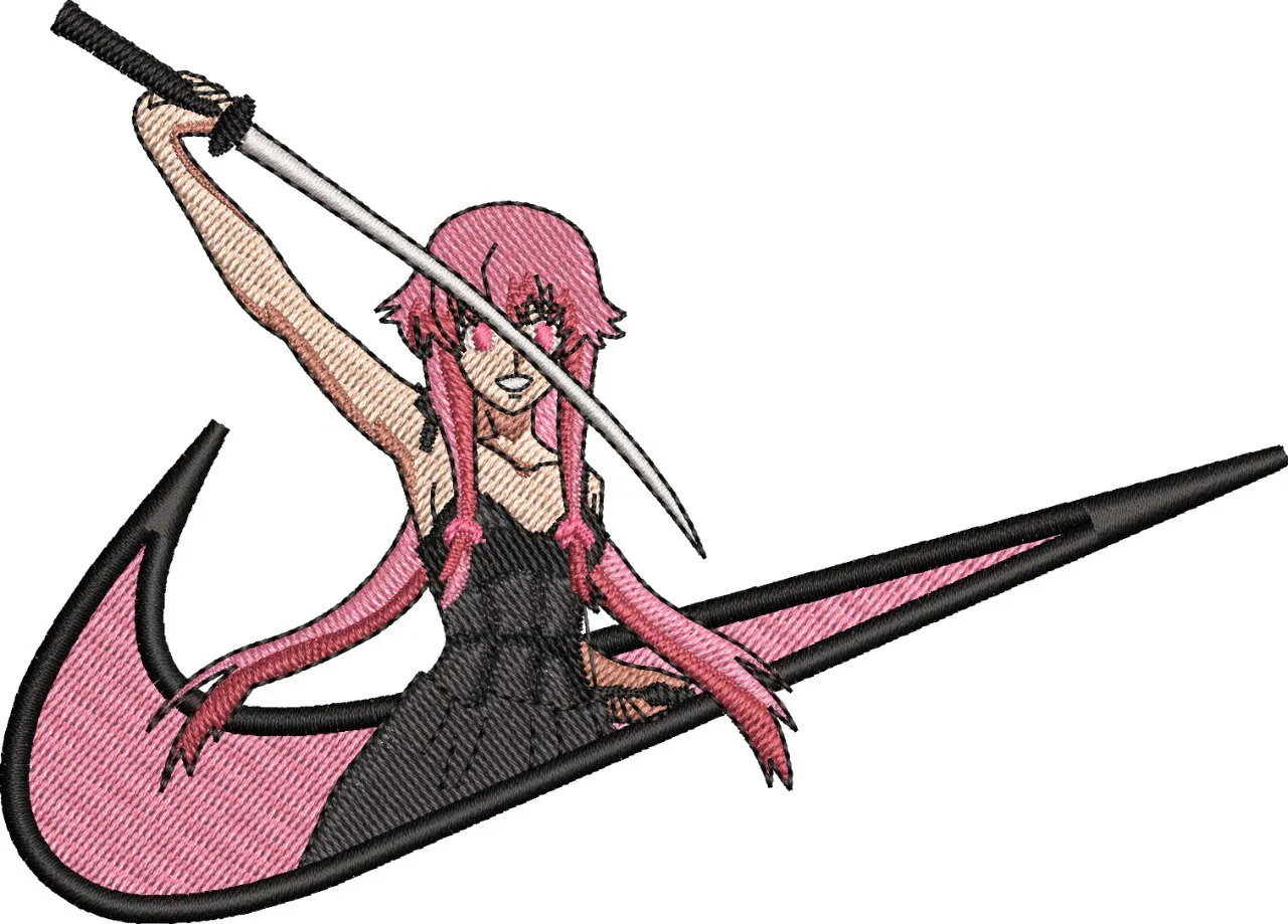  Yuno Gasai with Katana in Pink Nike Logo  embroidery pattern preview