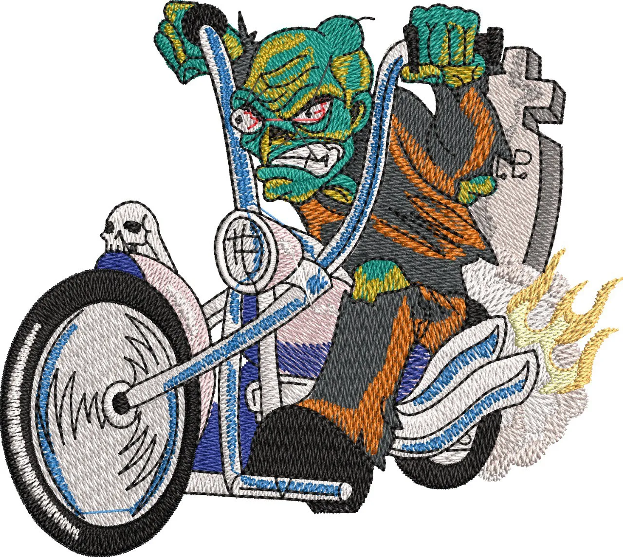  Zombie Biker with Tombstone and Flames  embroidery pattern preview